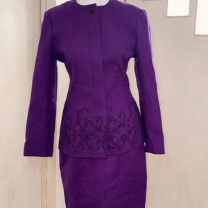 Louis Féraud Purple Wool Blazer Skirt Set Vintage 90s Embroidered and Size 6
